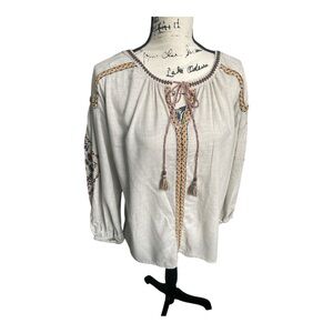Max Studio Oatmeal Embroidered Boho Prairie Tunic Blouse Tassel Ties Relaxed M